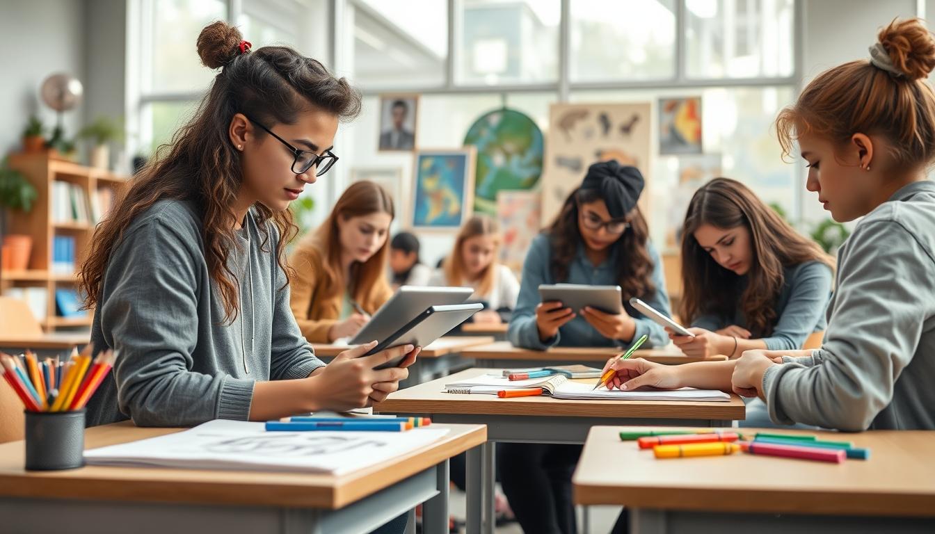 Students studying together in modern classroom